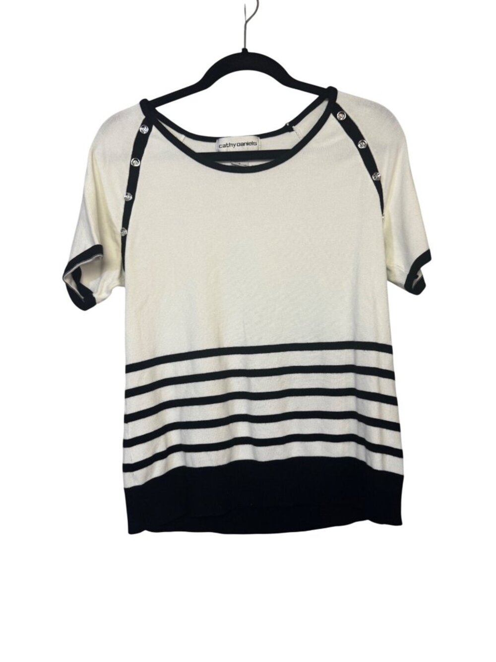 Cathy Daniels Womens Size Small Short Sleeve Striped Sweater White/Black Knit